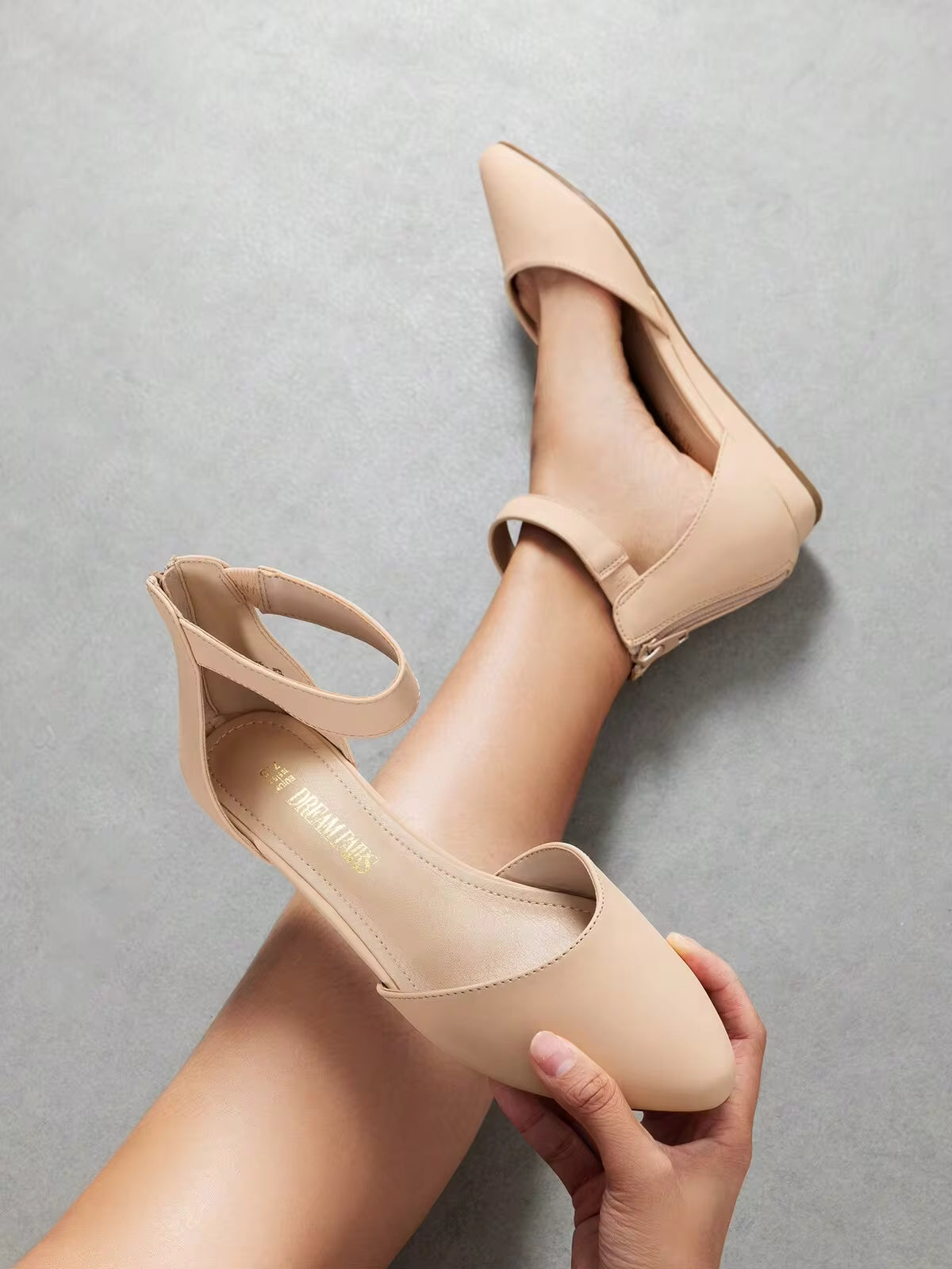 Women's Closed Pointed Toe Low Wedge Ankle Strap Casual Comfortable Ballet Flats With Back Zipper Design Party Wedding Shoes Nude Nubuck