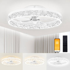 VOLISUN Modern Ceiling Fans with Lights and Remote, 19.7in Low Profile Ceiling Fan Flush Mount, 3000K-6500K Dimmable Bladeless LED Fan Light, White